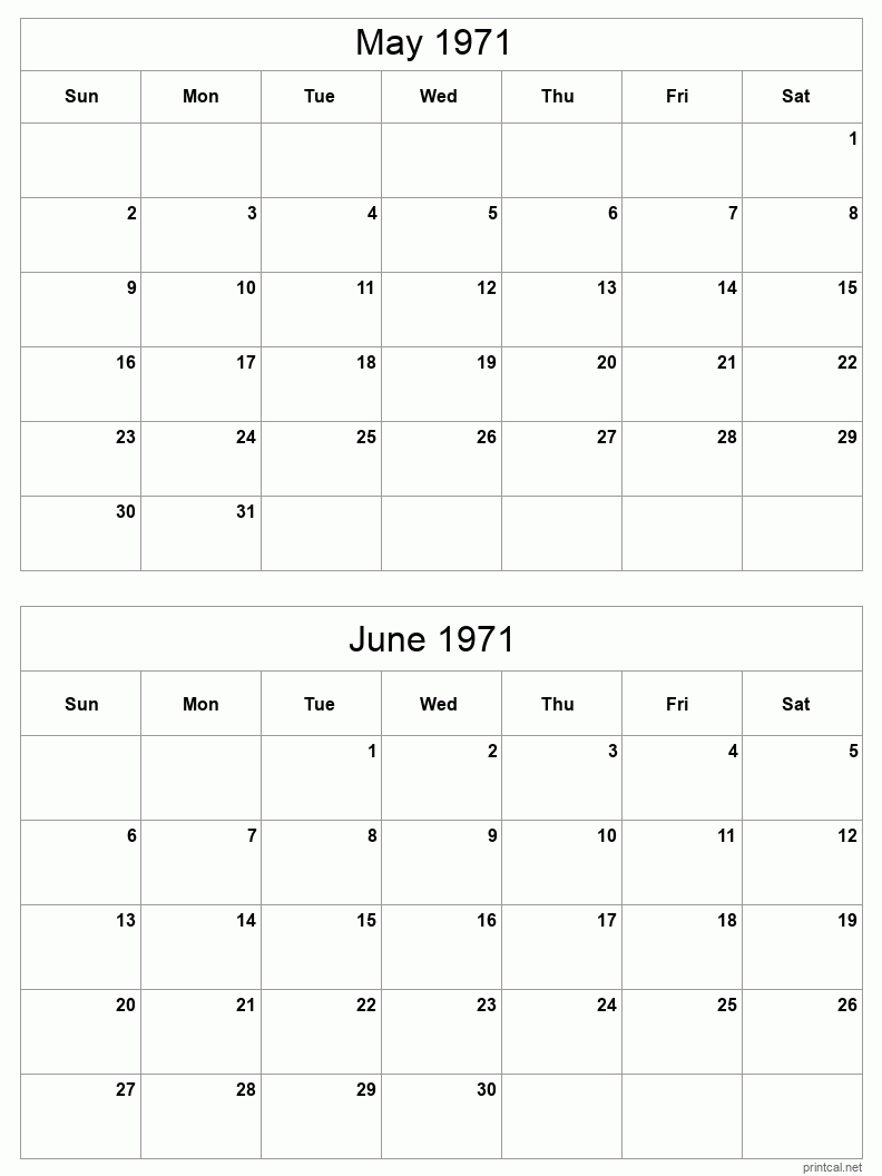 2 month calendar May to June 1971