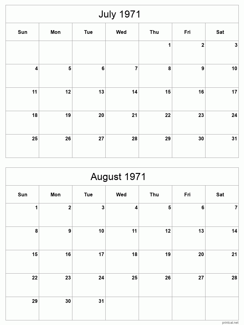 2 month calendar July to August 1971