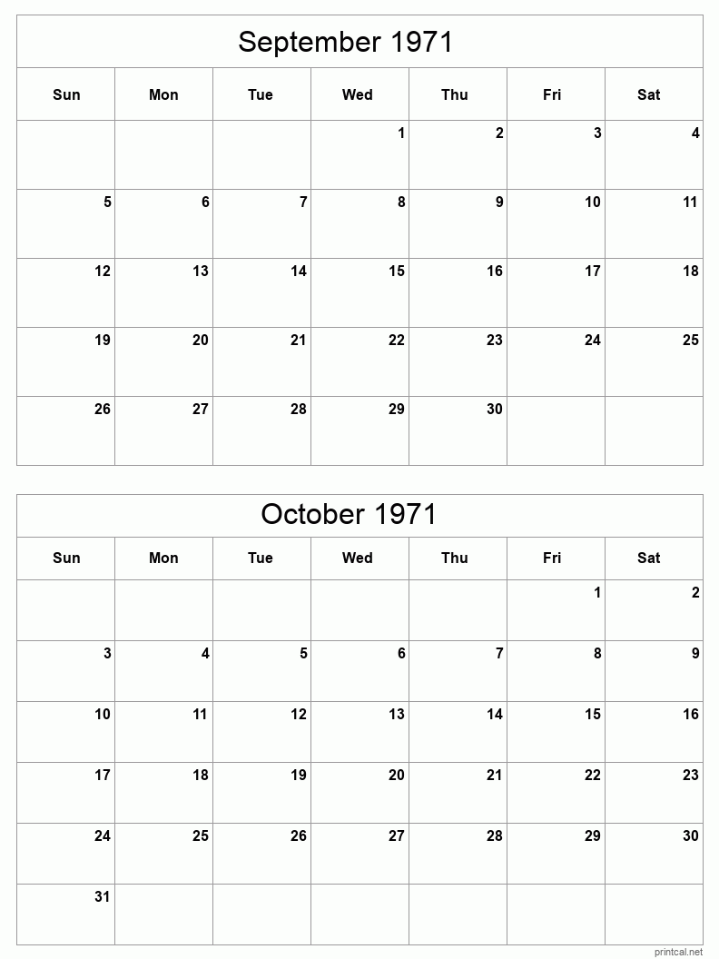 2 month calendar September to October 1971