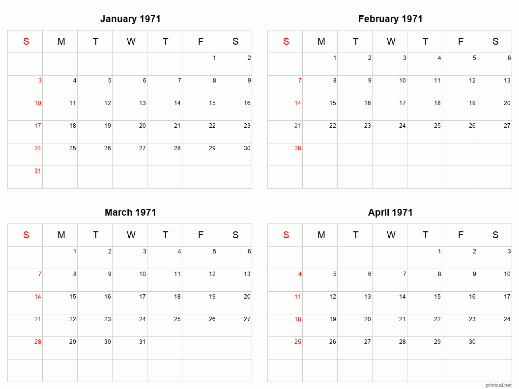 4 month calendar January to April 1971