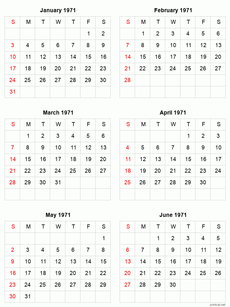 6 month calendar January to June 1971