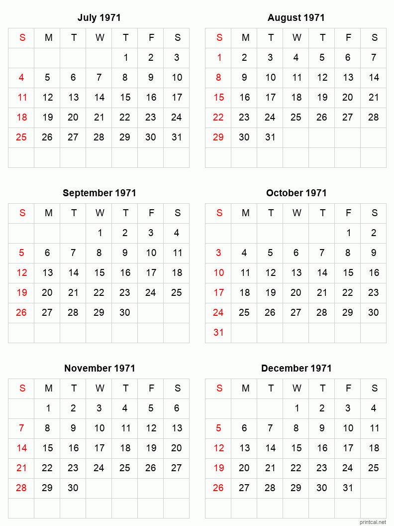 6 month calendar July to December 1971