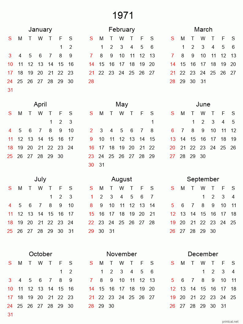 Printable 1971 Yearly Calendar