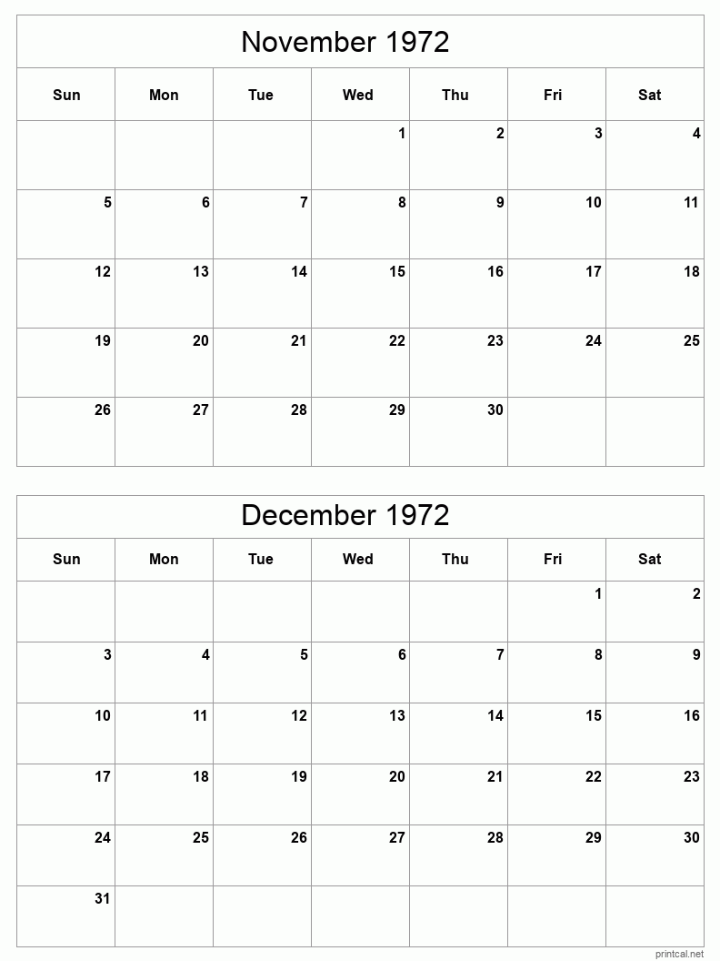 2 month calendar November to December 1972