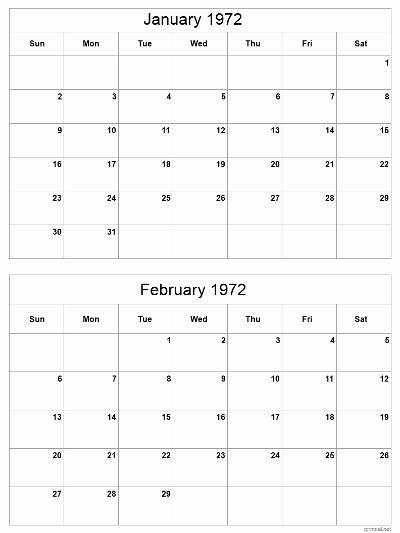 2 month calendar January to February 1972