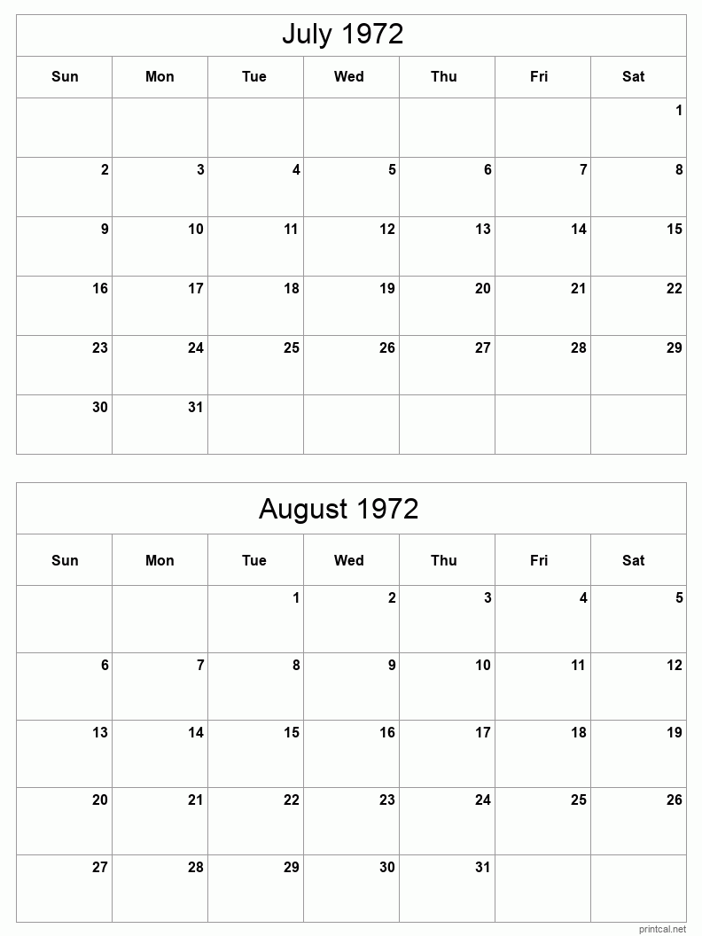 2 month calendar July to August 1972