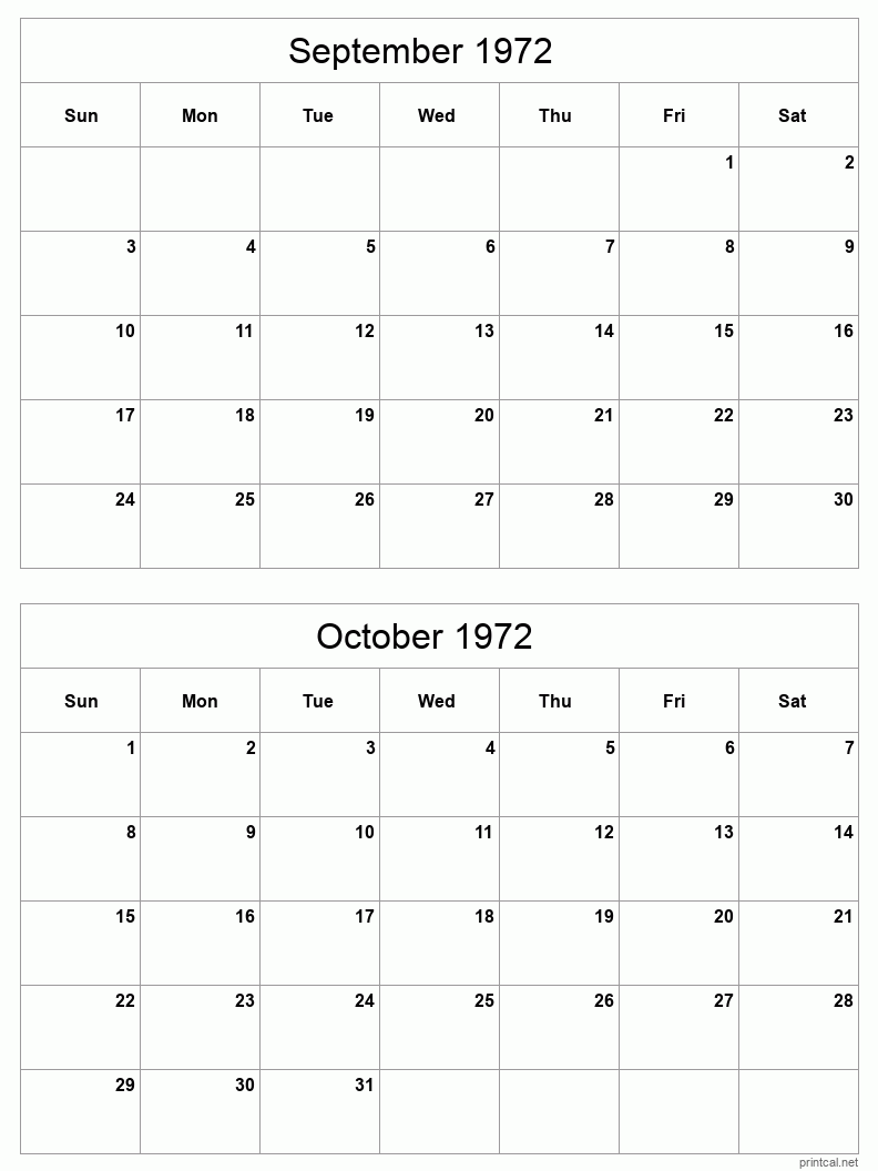 2 month calendar September to October 1972