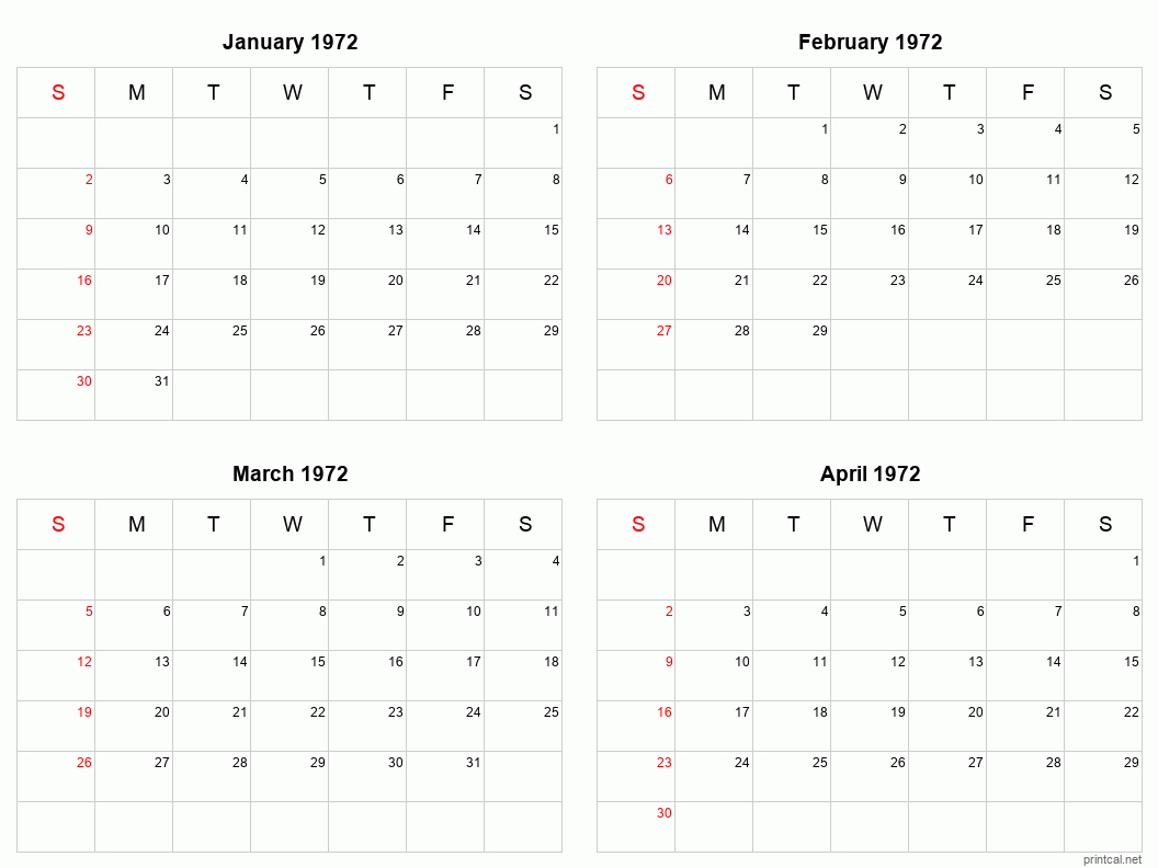 4 month calendar January to April 1972