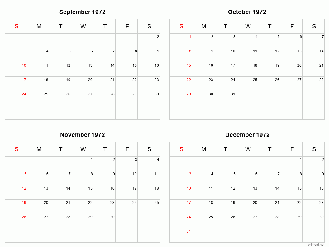 4 month calendar September to December 1972