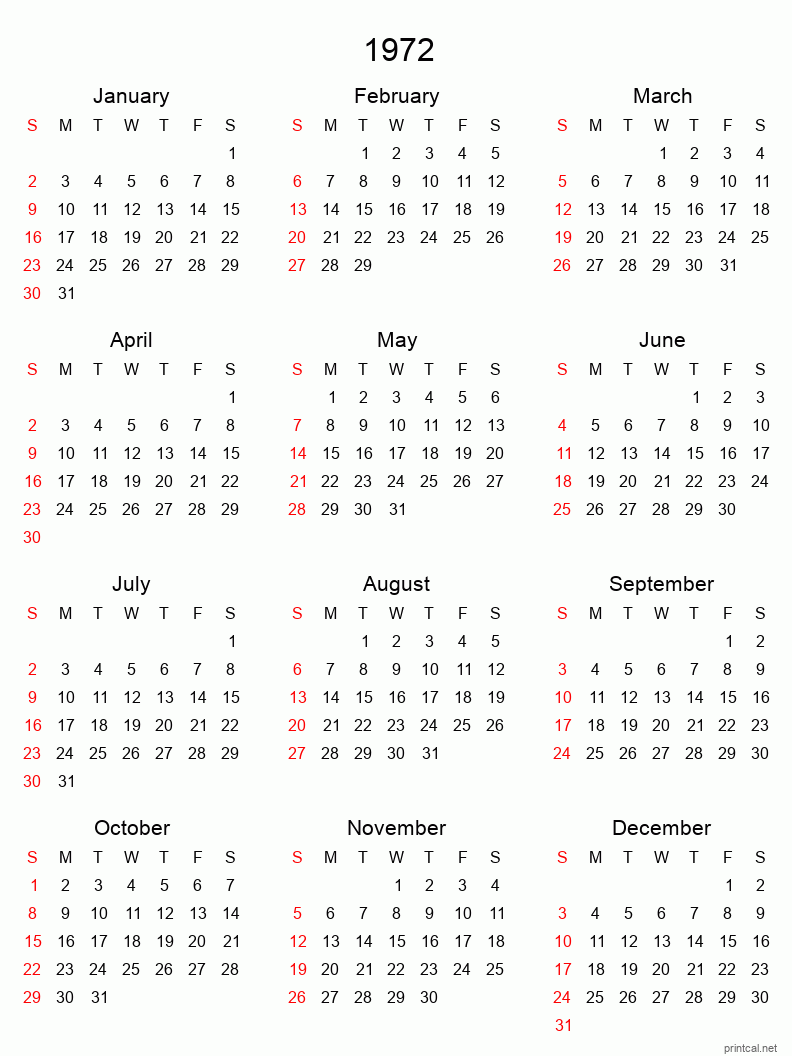 Printable 1972 Yearly Calendar