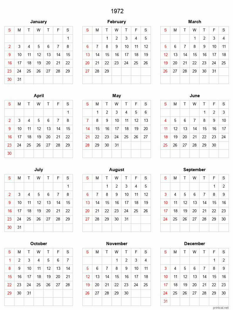 Printable 1972 Full-Year Calendar