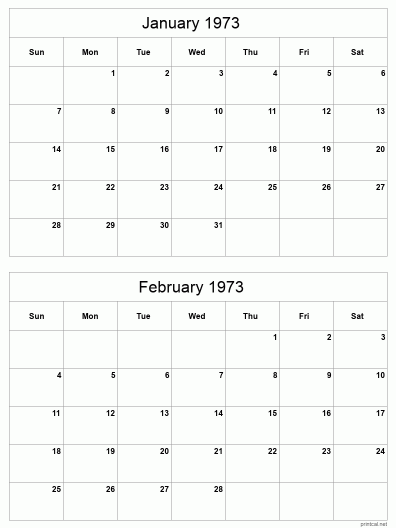 2 month calendar January to February 1973