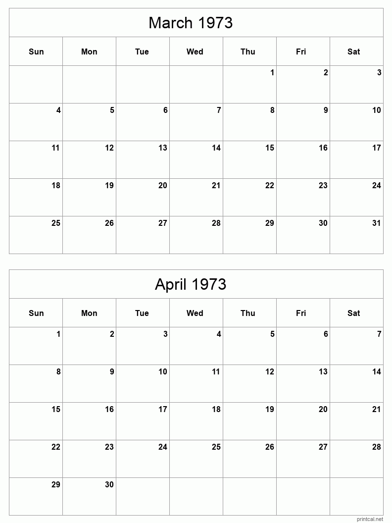 2 month calendar March to April 1973