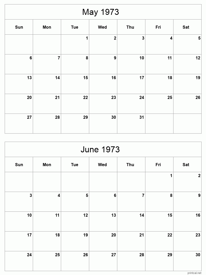 2 month calendar May to June 1973