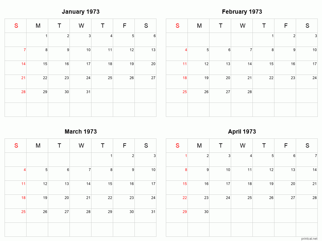 4 month calendar January to April 1973