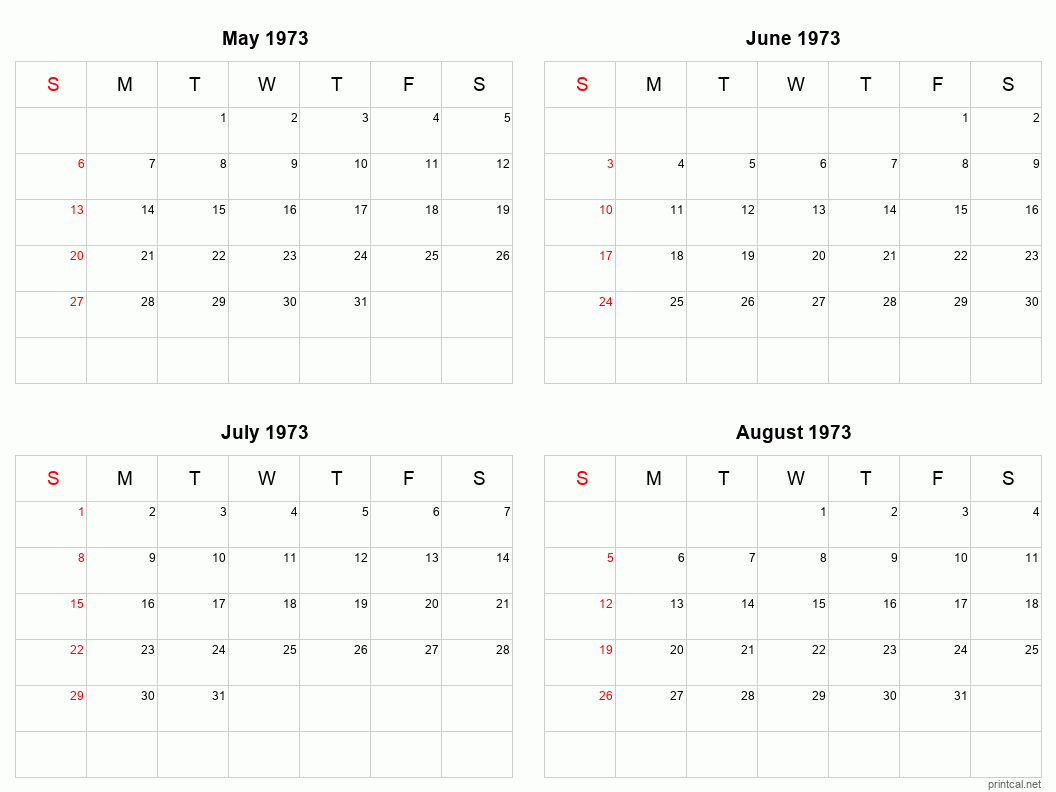 4 month calendar May to August 1973