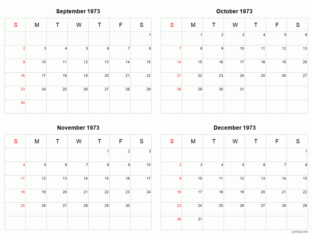 4 month calendar September to December 1973