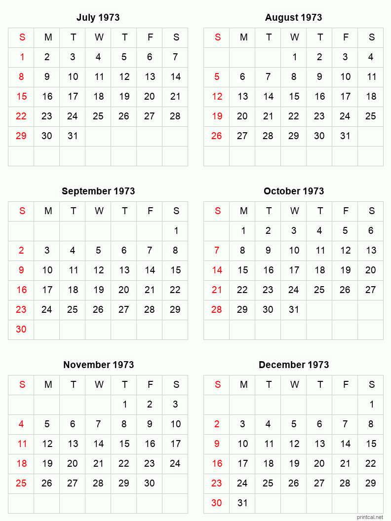 6 month calendar July to December 1973