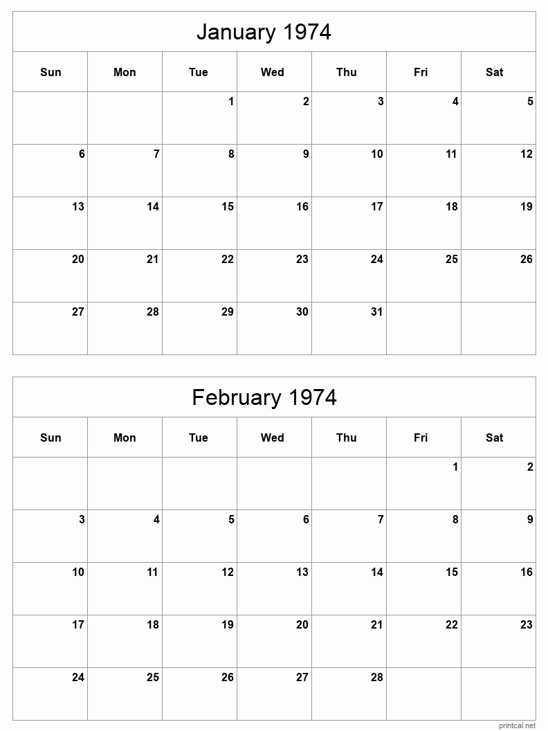 2 month calendar January to February 1974