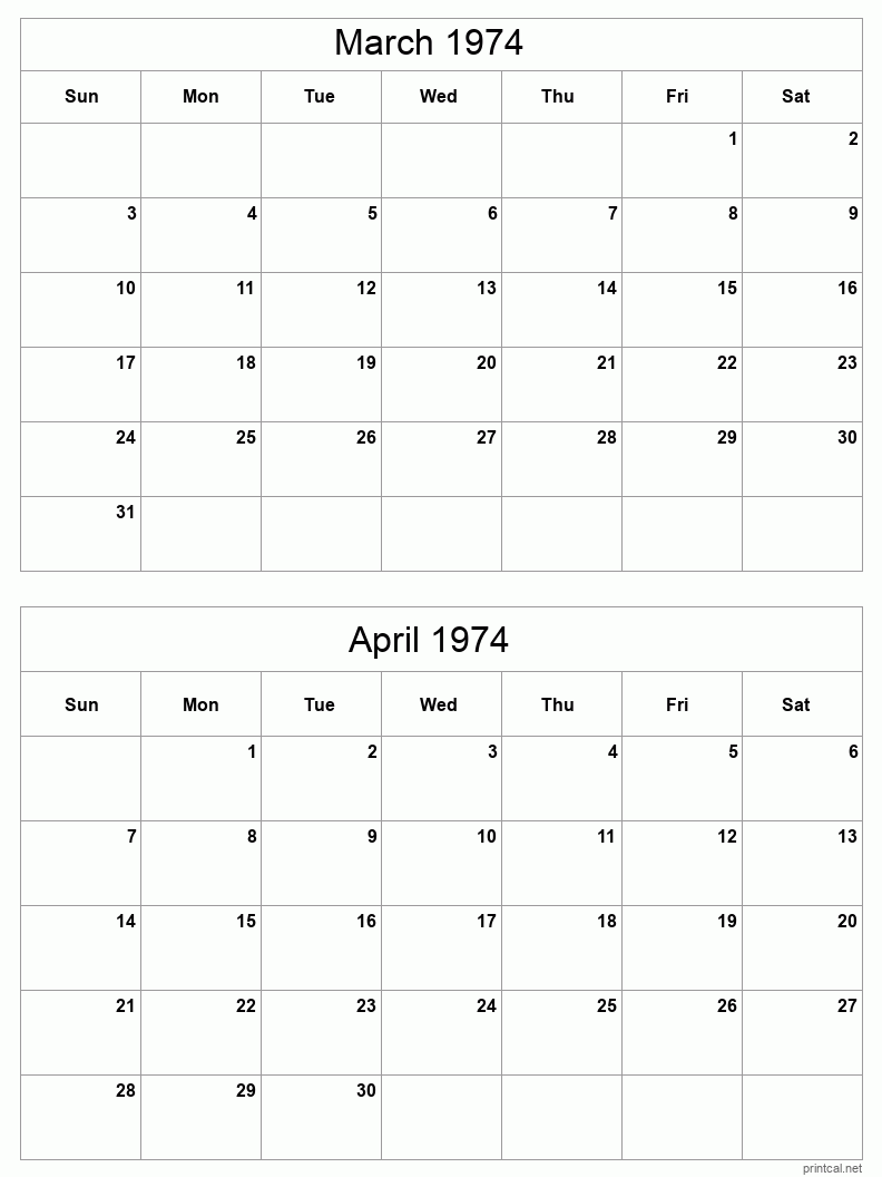 2 month calendar March to April 1974