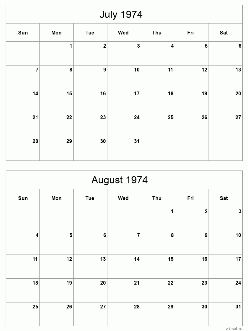 2 month calendar July to August 1974