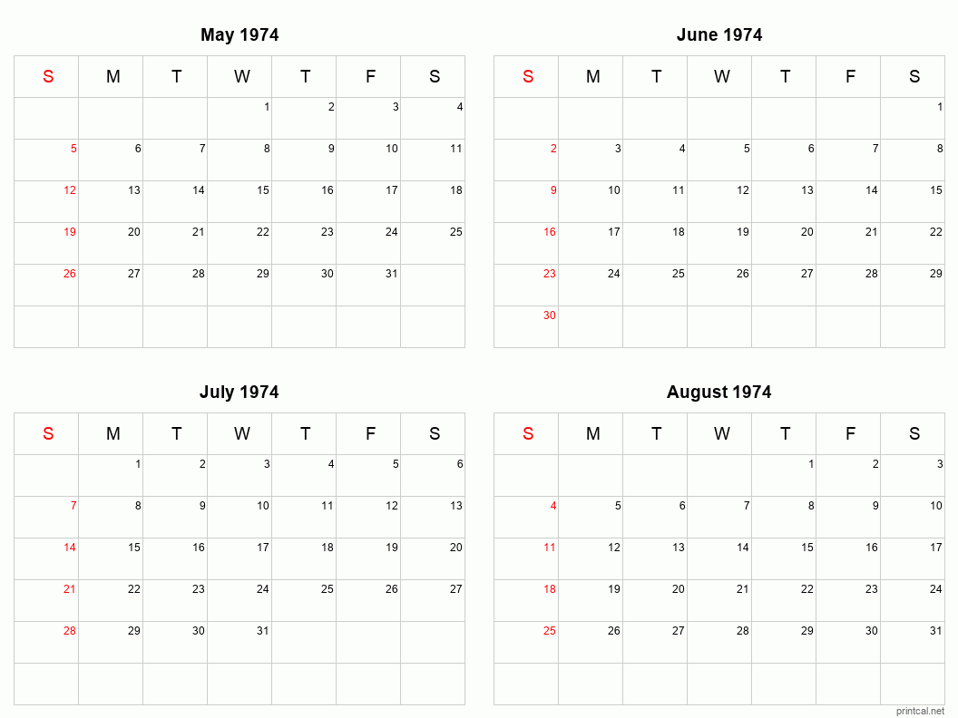 4 month calendar May to August 1974