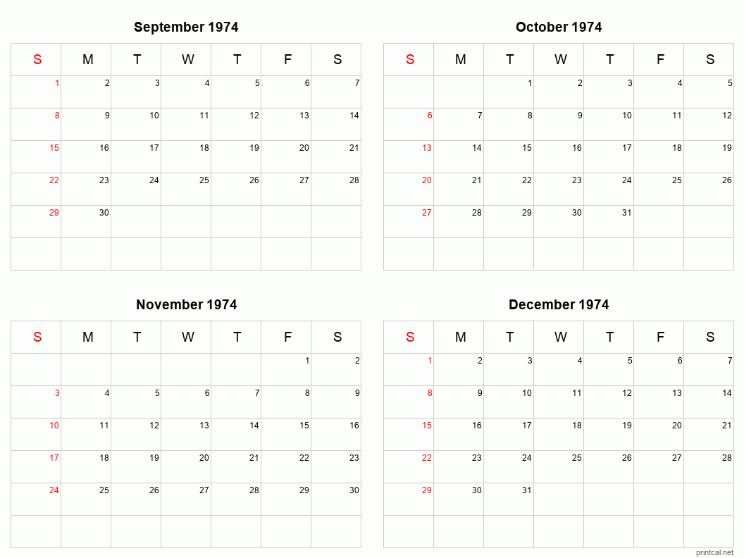 4 month calendar September to December 1974