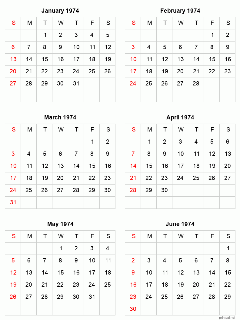 6 month calendar January to June 1974