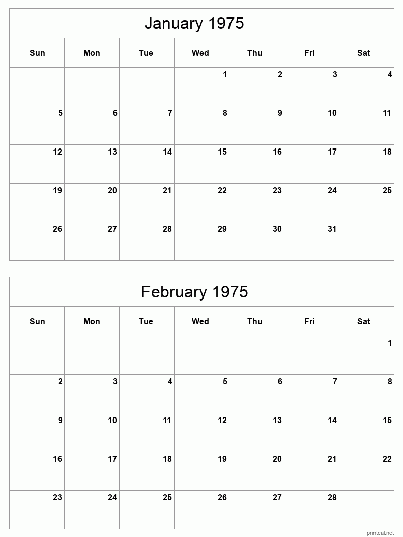 2 month calendar January to February 1975