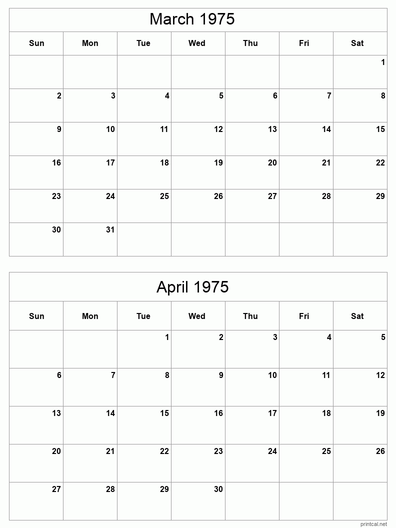 2 month calendar March to April 1975