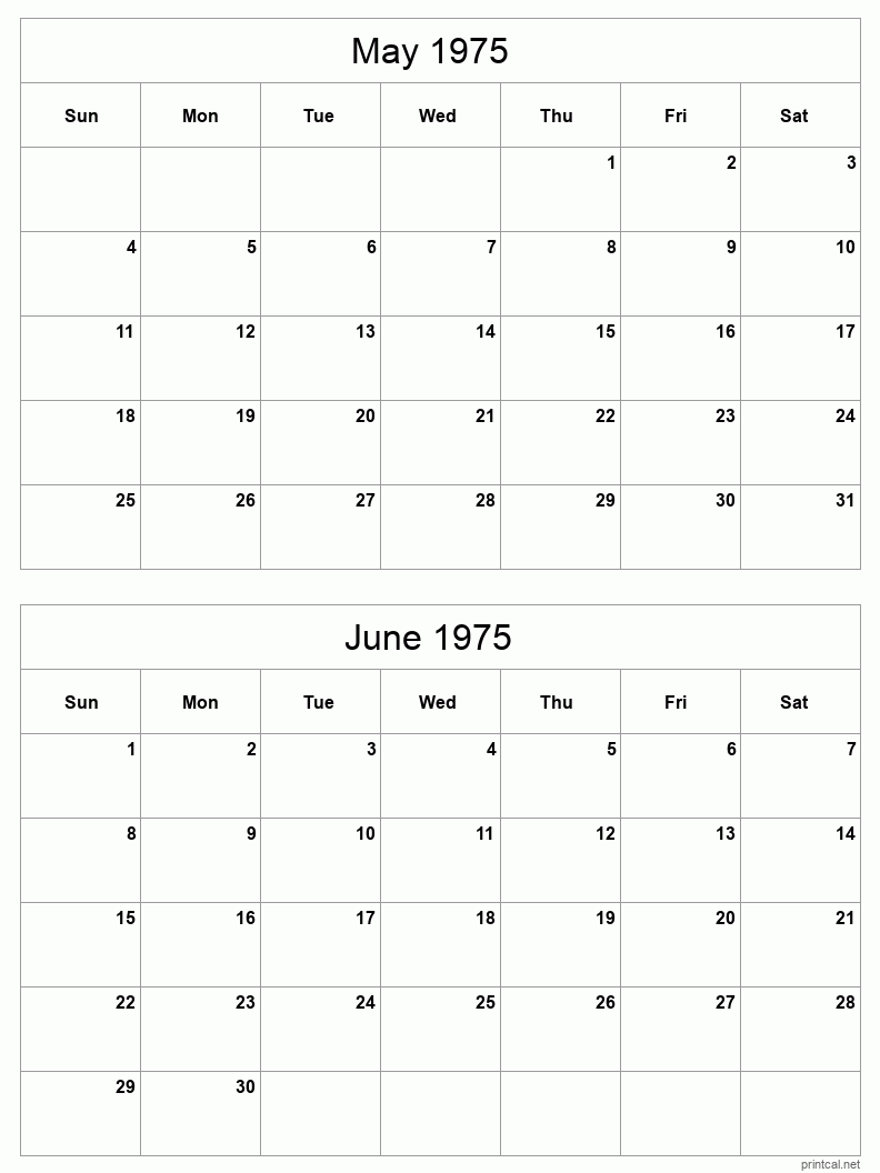 2 month calendar May to June 1975