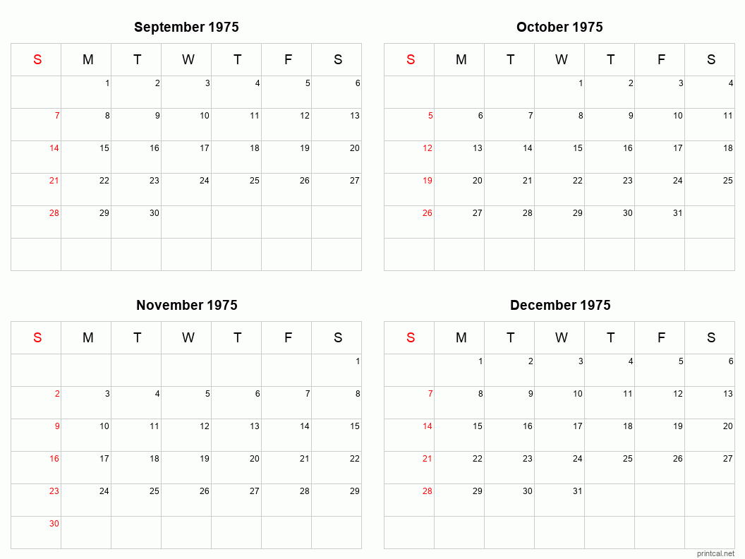 4 month calendar September to December 1975