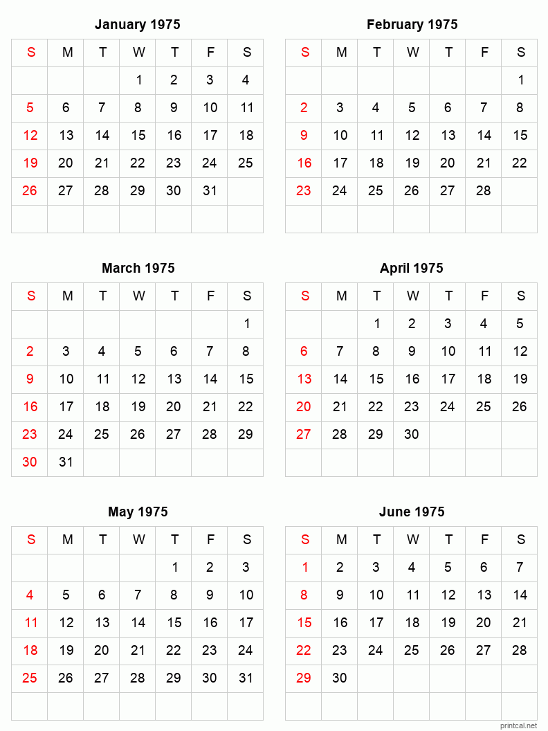 6 month calendar January to June 1975