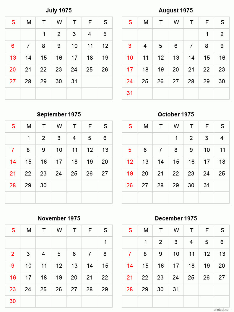 6 month calendar July to December 1975