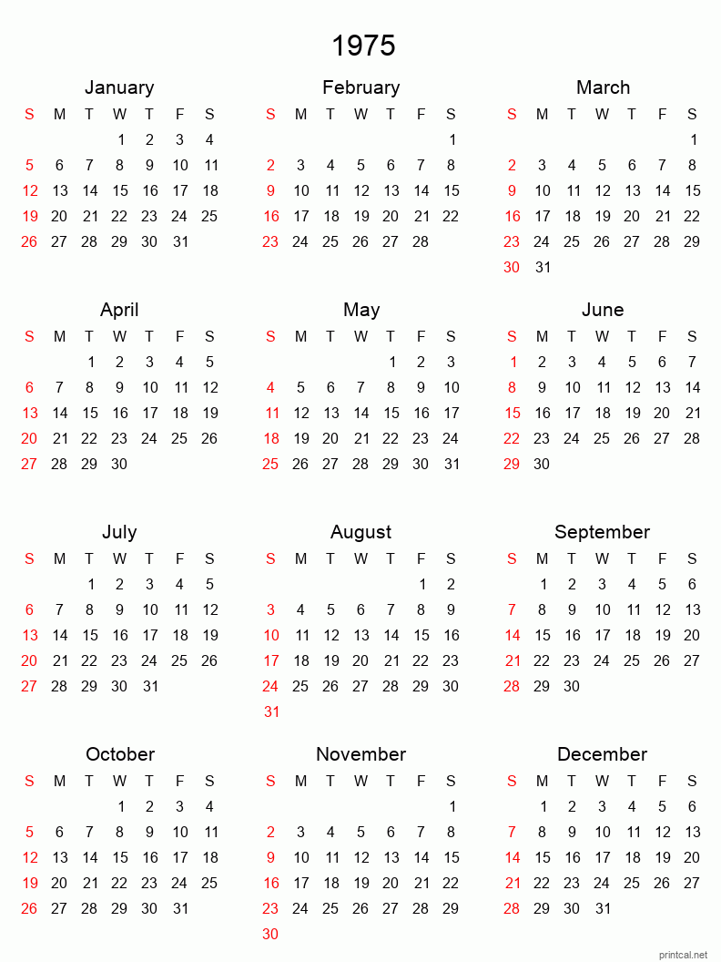 Printable 1975 Yearly Calendar