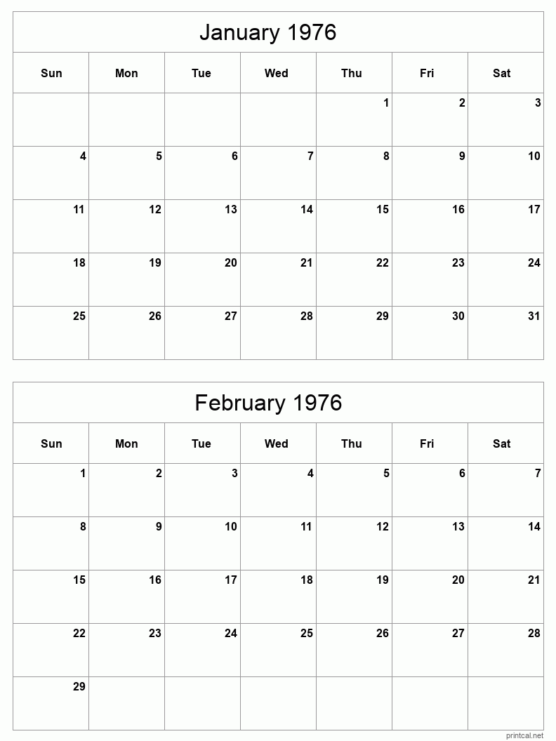 2 month calendar January to February 1976