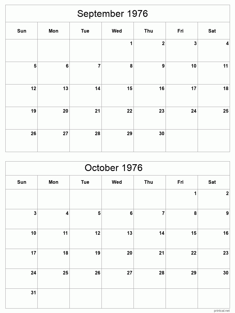 2 month calendar September to October 1976