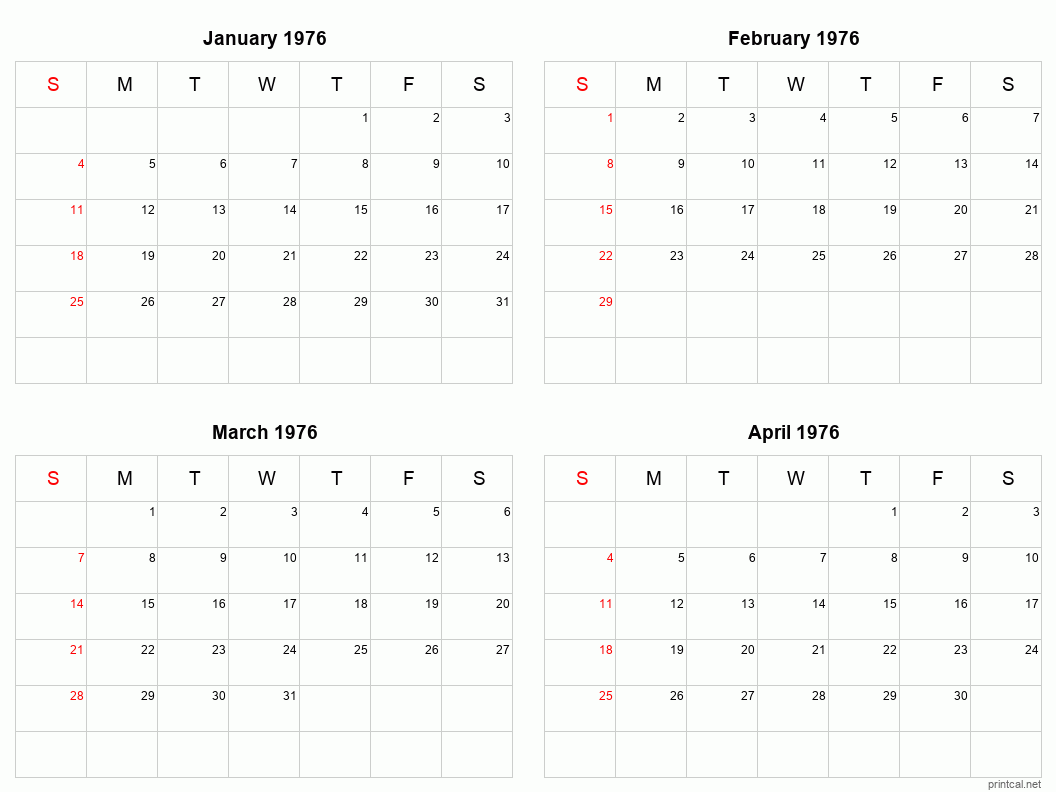 4 month calendar January to April 1976