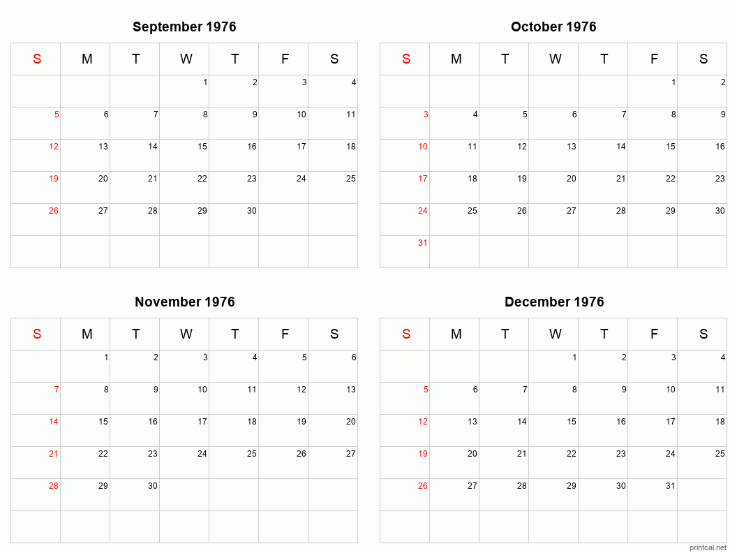 4 month calendar September to December 1976