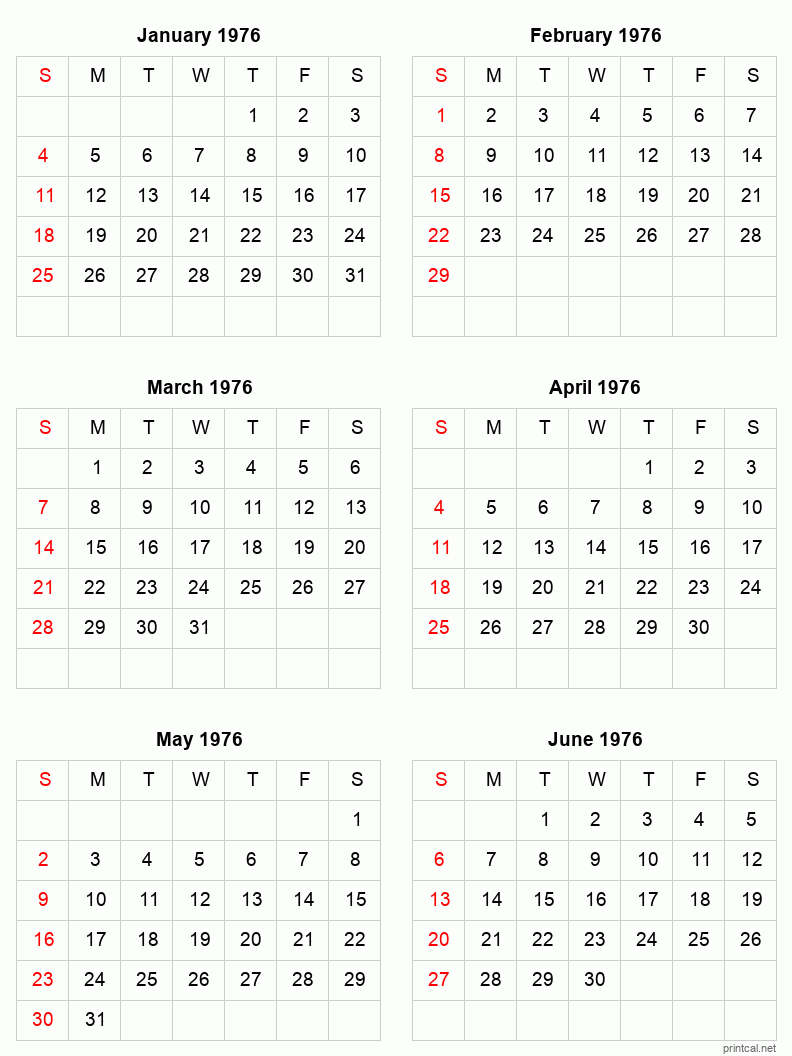 6 month calendar January to June 1976