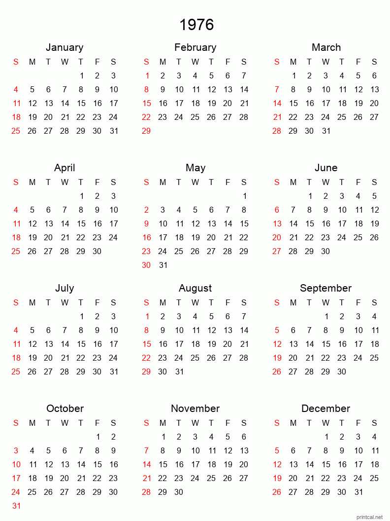 Printable 1976 Yearly Calendar