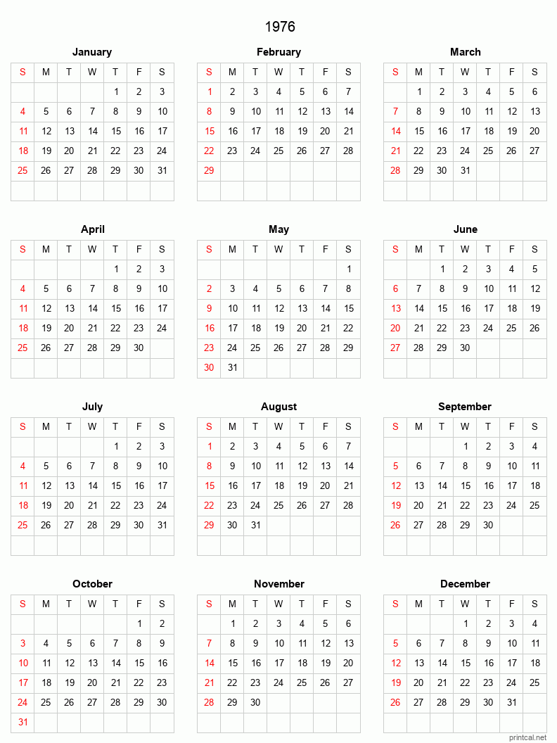 Printable 1976 Full-Year Calendar