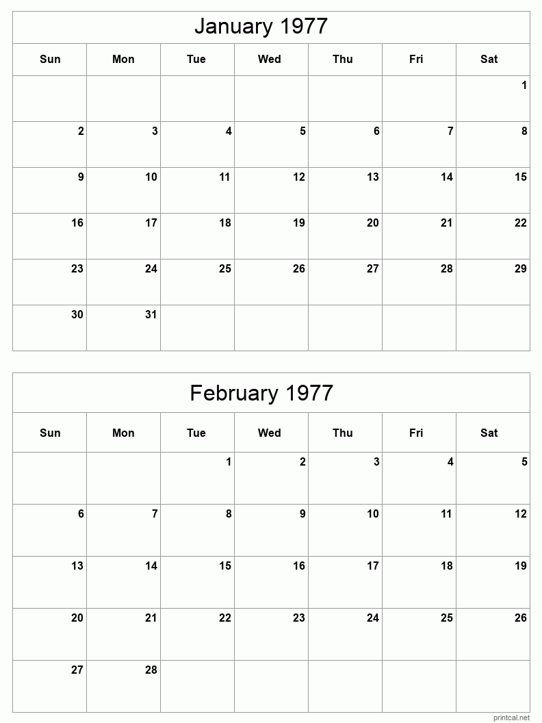 2 month calendar January to February 1977