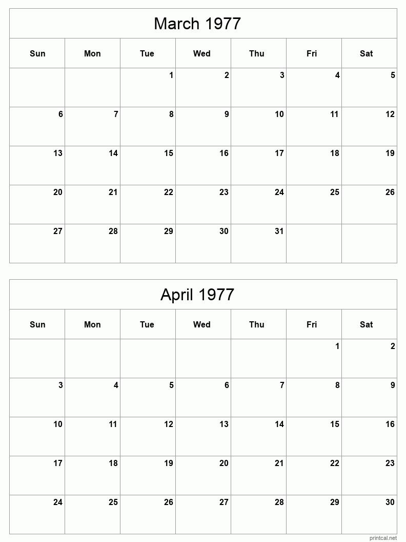 2 month calendar March to April 1977