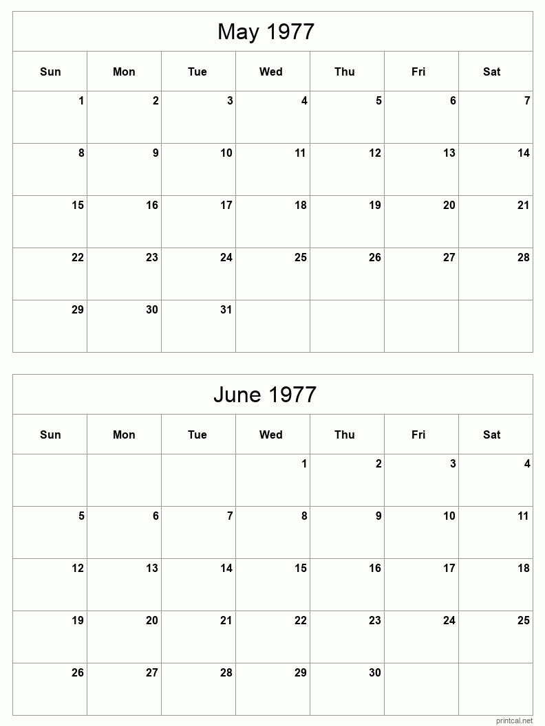 2 month calendar May to June 1977