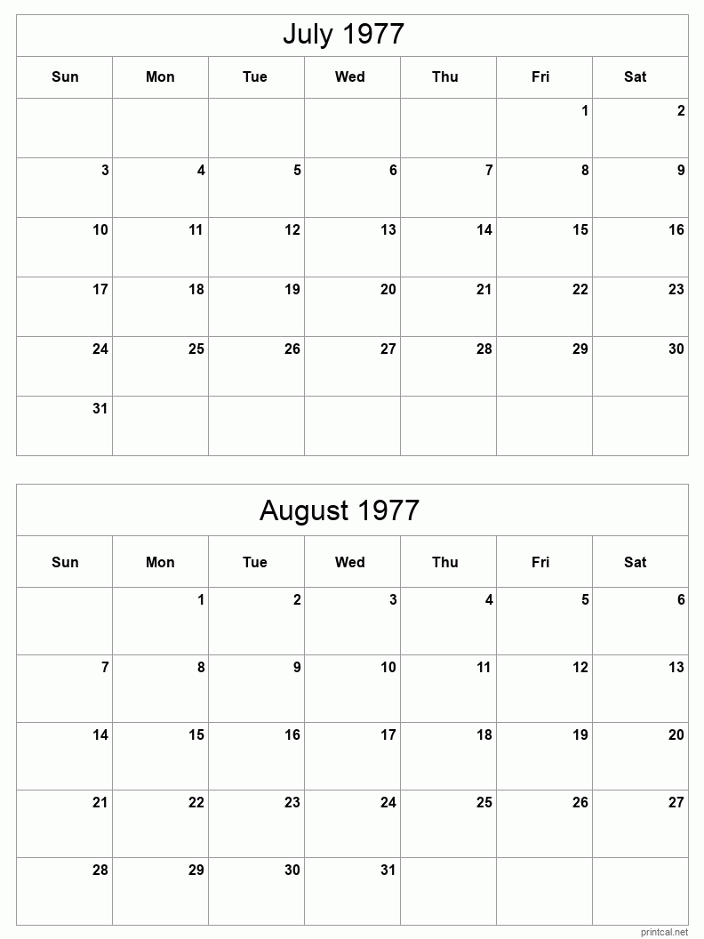 2 month calendar July to August 1977