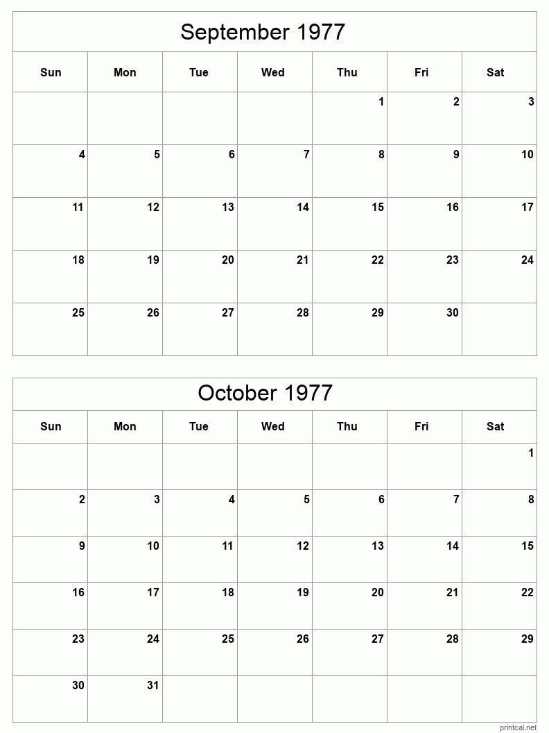 2 month calendar September to October 1977