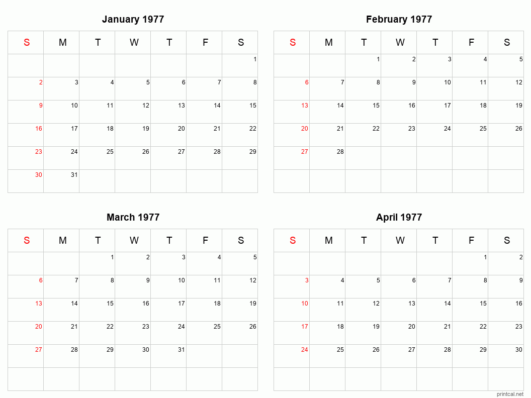 4 month calendar January to April 1977