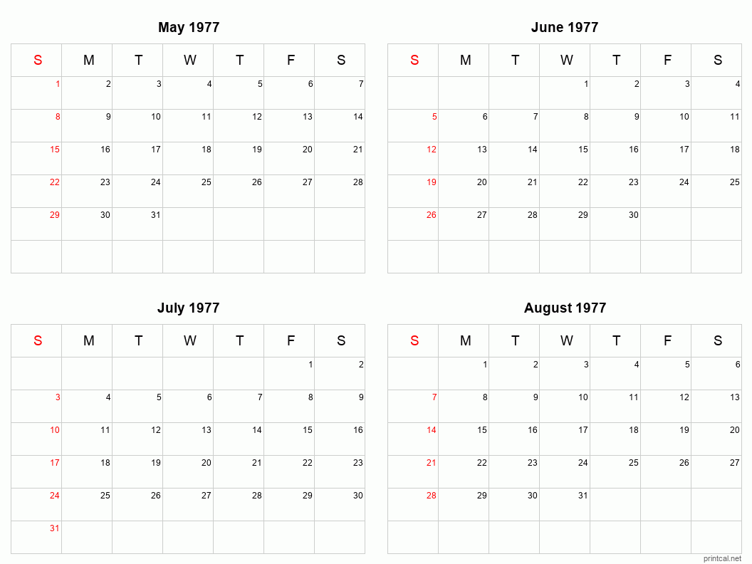 4 month calendar May to August 1977