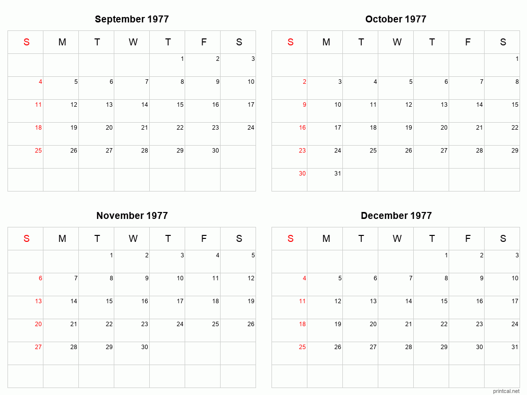 4 month calendar September to December 1977